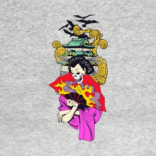 Geisha With Fan Over Pagoda T-Shirt